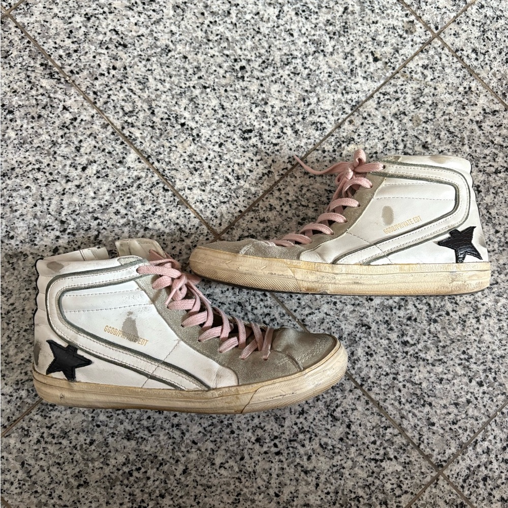 Golden Goose White and Black High-Tops with Pink Laces